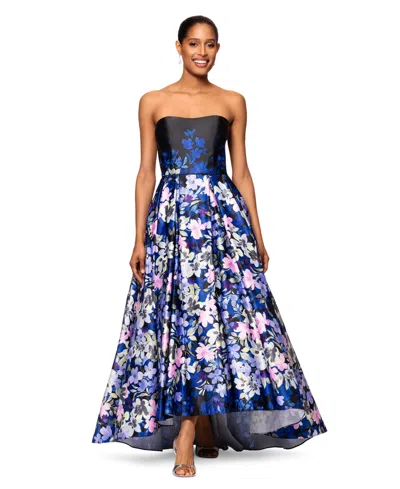 Betsy & Adam Women's Floral-print Strapless Ball Gown In Black,blue