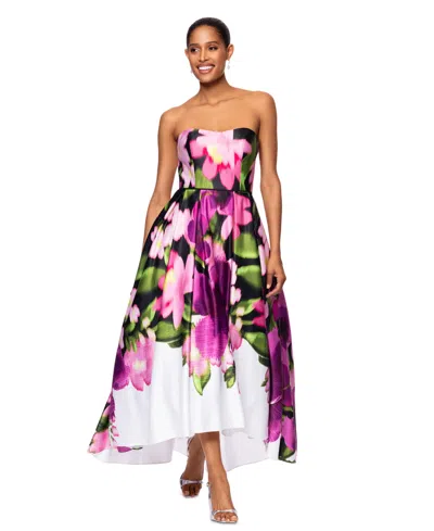 Betsy & Adam Women's Floral Print Strapless Ball Gown In White Multi