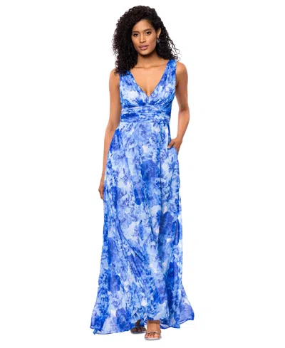 Betsy & Adam Women's Floral V-neck Ruched-waist Gown In Blue,white