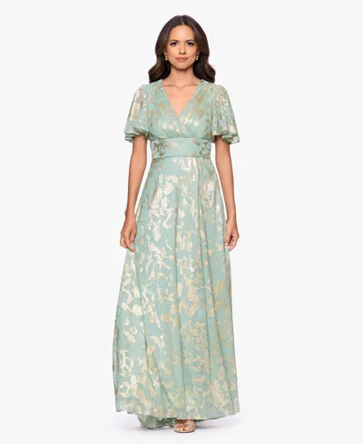 Betsy & Adam Women's Foil Print V-neck Gown In Green