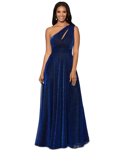Betsy & Adam Women's Glitter One-shoulder Cut-out Gown In Royal