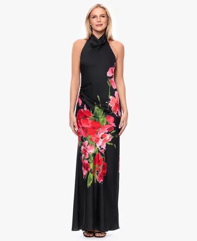 Betsy & Adam Women's Halter Floral Print Ball Gown In Black