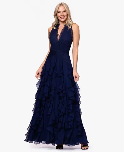 Betsy & Adam "noor" Sheer Matte Jersey V-neck Corkscrew Skirt Floor Length Dress In Blue