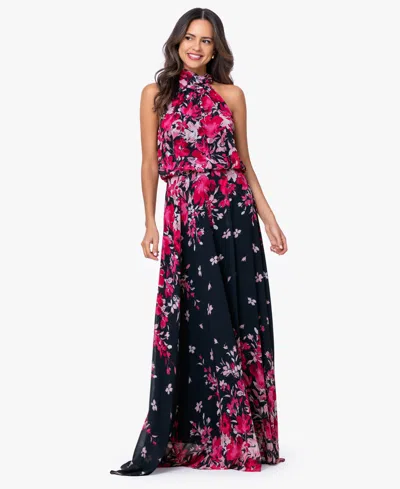 Betsy & Adam Women's Halter Neck Long Souffle Chiffon Floral Print Dress In Multi