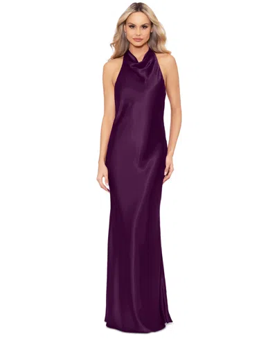 Betsy & Adam Women's Halter-neck Sleeveless Satin Gown In Plum