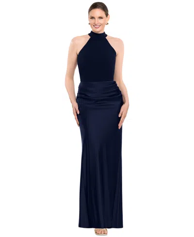 Betsy & Adam Women's Jamie Mock-neck Satin Mermaid-hem Gown In Blue