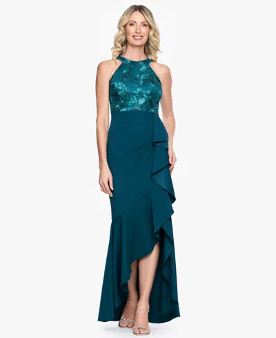 Betsy & Adam Women's Lace Halter Mermaid Gown In Blue
