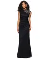 Betsy & Adam Petite Lace Trim Ruched Sleeveless Gown In Black,nude
