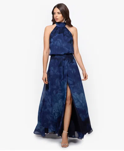 Betsy & Adam Women's Long Chiffon Print Halter Neck Dress In Blue