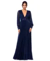 Betsy & Adam Petite V-neck Side-beaded Long-sleeve Gown In Navy