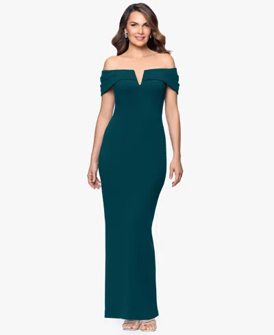 Betsy & Adam Women's Long Scuba Crepe Off-the-shoulder Dress In Green
