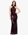 Betsy & Adam Women's Long Sequined Halter Neck Gown In Burgundy