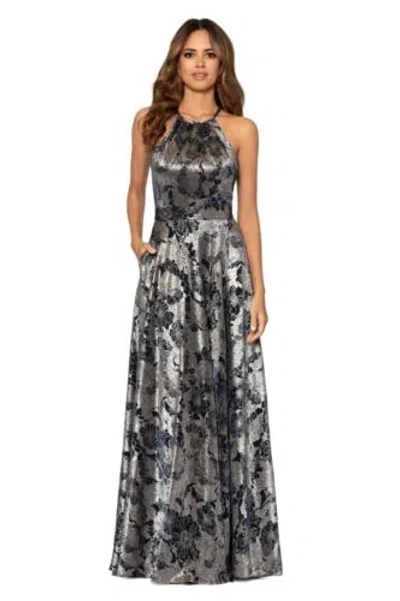 Pre-owned Betsy & Adam Women's Long Sleeveless Halter Metallic Print Wrap Overlay Gown, Na In Navy/gunmetal