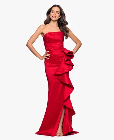 Betsy & Adam Strapless Cascade Ruffle Gown In Red