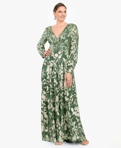 Betsy & Adam Women's Long-sleeve V-neck Metallic Floral Gown In Green