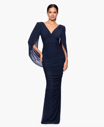 Betsy & Adam Women's Mesh Cape V-neck Gown Dress In Blue