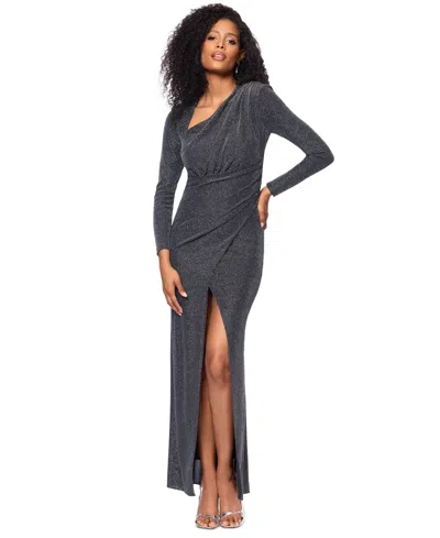 Betsy & Adam Women's Metallic Asymmetric Long-sleeve Gown In Black,silver