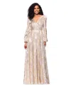 Betsy & Adam Metallic Crinkle Print Long Sleeve A-line Gown In White Pink Gold