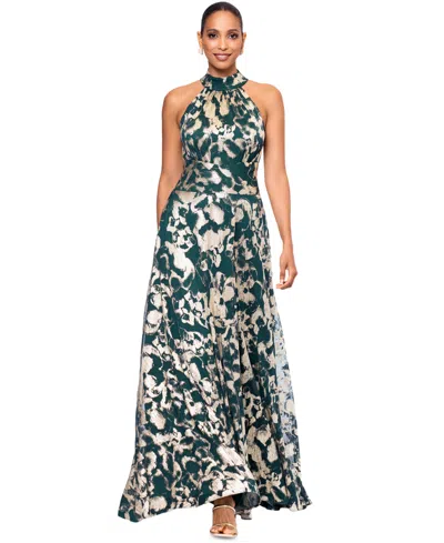 Betsy & Adam Petite High-neck Sleeveless A-line Gown In Green,gold