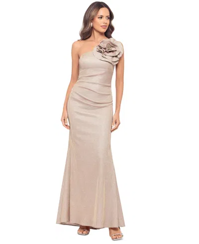 Betsy & Adam Women's Metallic Rosette One-shoulder Gown In White,pink,gold
