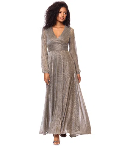 Betsy & Adam Women's Metallic V-neck Long-sleeve Gown In Mocha Gold