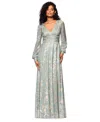 Betsy & Adam Metallic Jacquard Long Sleeve Gown In Green