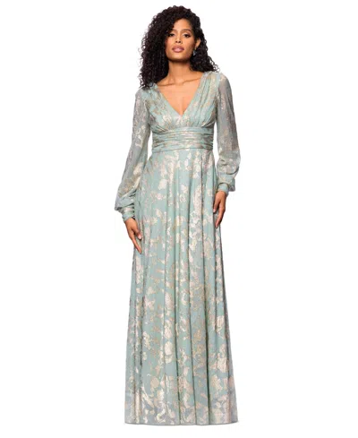 Betsy & Adam Women's Metallic V-neck Ruched-waist Gown In Sage,gold