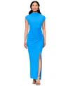 Betsy & Adam Women's Mock Neck Cap Sleeve Ruched Gown In Blue