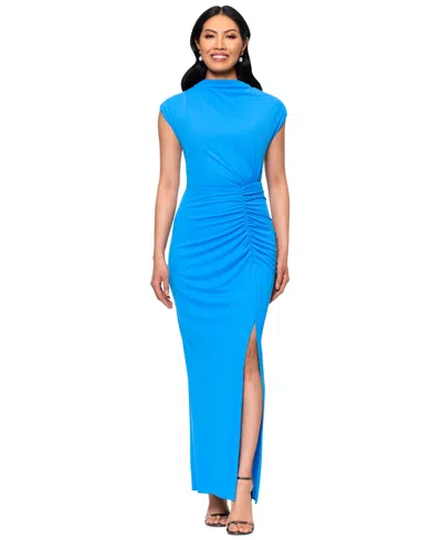 Betsy & Adam Women's Mock Neck Cap Sleeve Ruched Gown