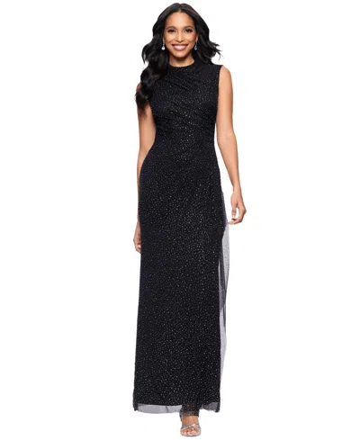 Betsy & Adam Women's Mock-neck Dot-mesh Sleeveless Gown