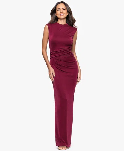 Betsy & Adam Women's Mock-neck Ruched Sheer-inset Long Sheath Dress In Burgundy