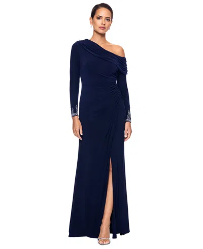 Betsy & Adam Women's Off-one-shoulder Beaded-cuff Gown In Navy,silver