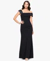 Betsy & Adam Ruched Off The Shoulder Scuba Column Gown In Black