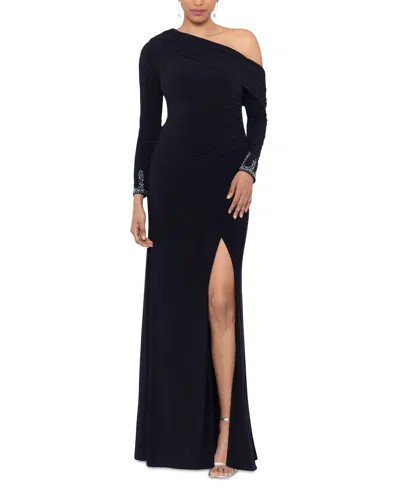 Betsy & Adam Women's Off-one-shoulder Beaded-cuff Gown In Black Silver