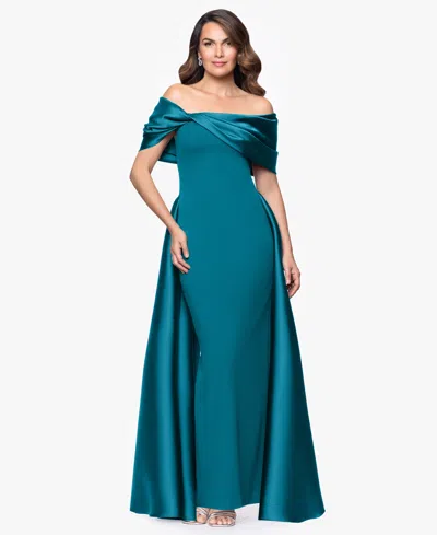 Betsy & Adam Off The Shoulder Cape Detail Gown In Blue