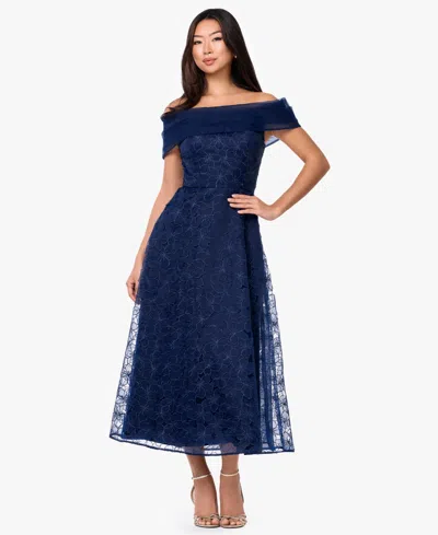 Betsy & Adam Women's Off-the-shoulder Embroidered A-line Midi Dress In Blue