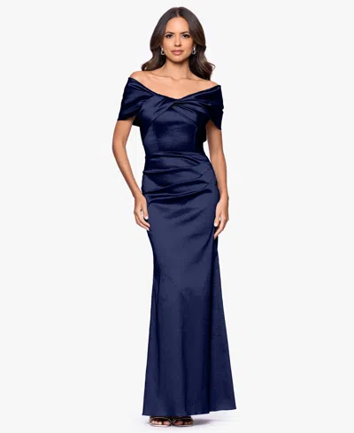 Betsy & Adam Women's Off-the-shoulder Ruched Long Gown In Blue