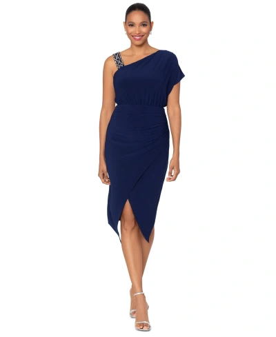 Betsy & Adam Plus Size High-low Off-the-shoulder Midi Dress In Navy,silver