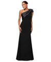 Betsy & Adam Rosette One-shoulder Crepe Trumpet Gown In Black
