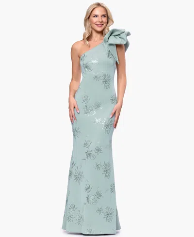 Betsy & Adam Women's One Shoulder Sequin Floral Ball Gown In Blue