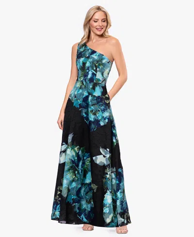 Betsy & Adam Women's One-shoulder Burnout Print Ball Gown In Multi