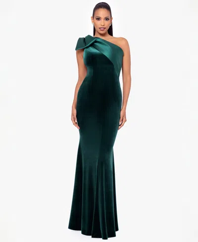 Betsy & Adam Women's One-shoulder Velvet Gown With Bow At Shoulder In Green