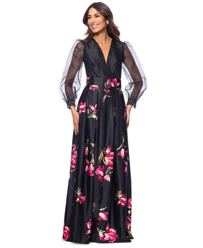 Betsy & Adam Women's Organza-sleeve Floral Belted Gown In Black,pink