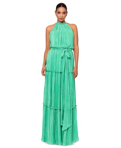 Betsy & Adam Women's Pleated Halter Gown In Green