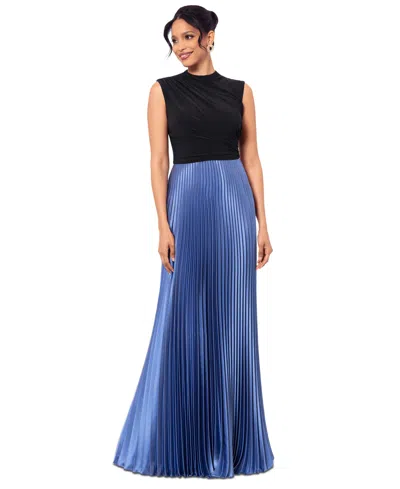 Betsy & Adam Women's Pleated-skirt High-neck Maxi Dress In Black,blue