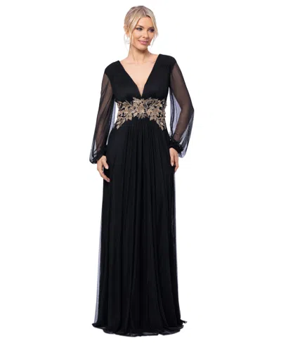 Betsy & Adam Women's Plunge-neck Blouson-sleeve Gown In Black,gold