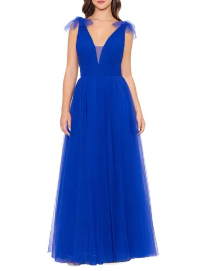 Betsy & Adam Women's Plunging Mesh Fit & Flare Gown In Royal