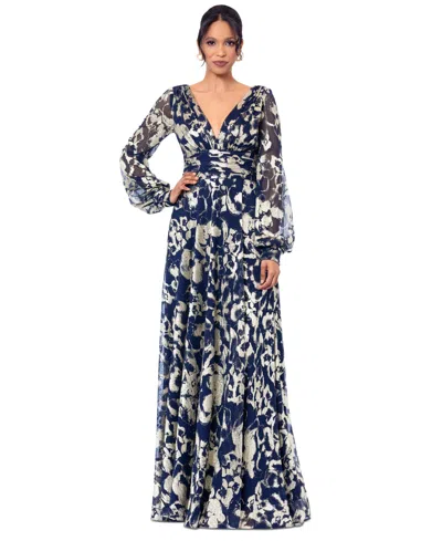 Betsy & Adam Women's Printed Blouson-sleeve Maxi Dress In Navy,gold