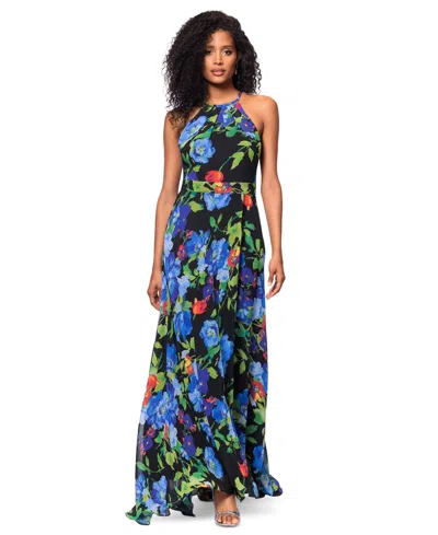 Betsy & Adam Women's Printed Chiffon Halter-neck Gown In Black Multi