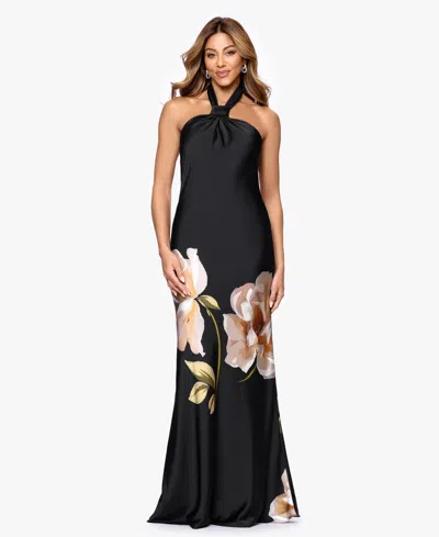 Betsy & Adam Women's Printed Halter Neck Ball Gown In Black